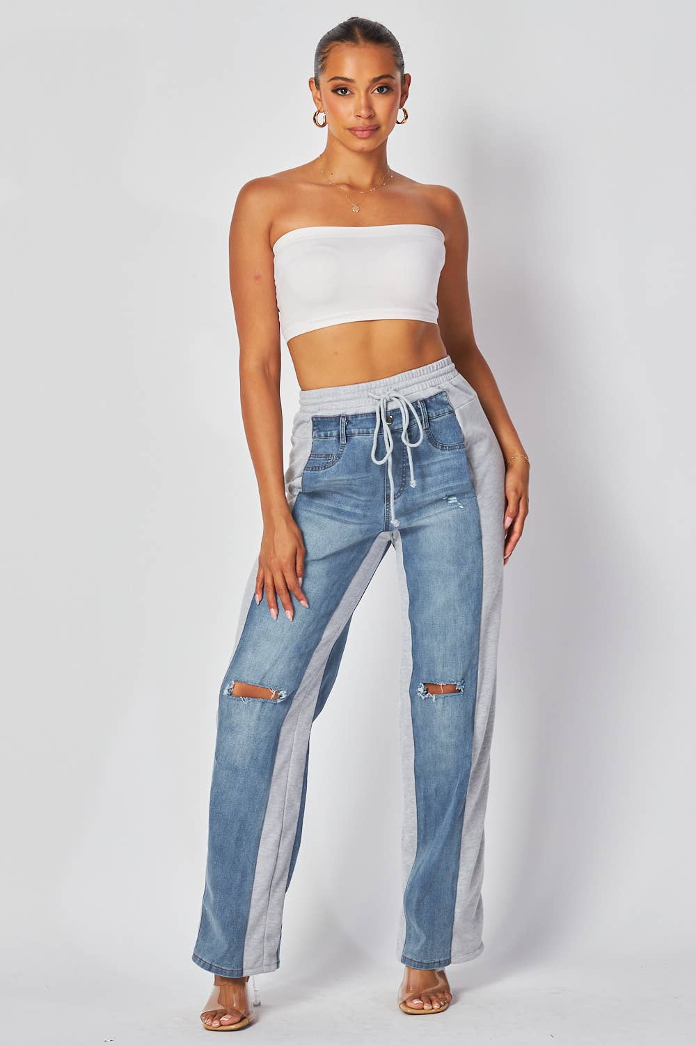 Grey Straight Leg Distressed Denim Jean Sweatpants - Born To Glam Born To Glam