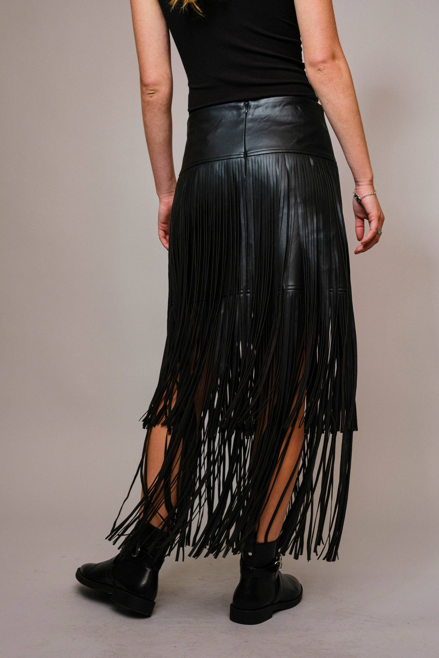 Black Faux Leather Tiered Fringe Maxi Skirt - Born To Glam Born To Glam