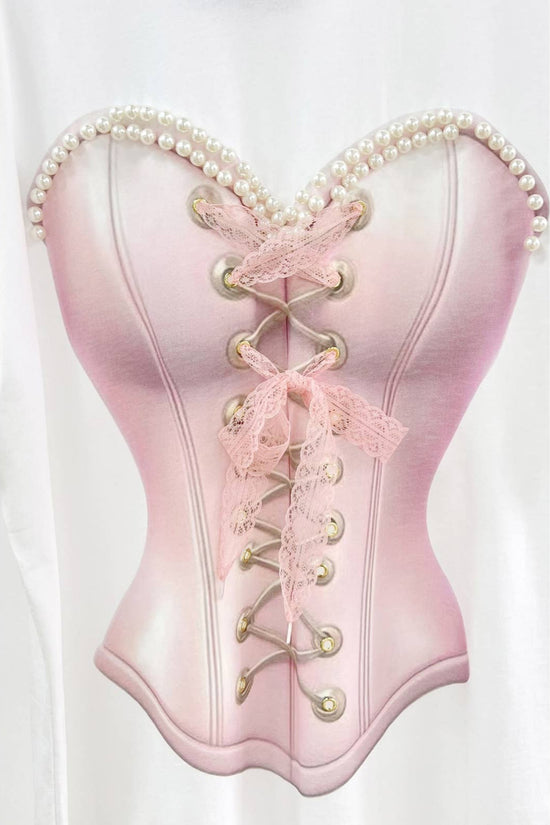 Corset Graphic Tee with Pearl and Lace Detail - Born To Glam Born To Glam