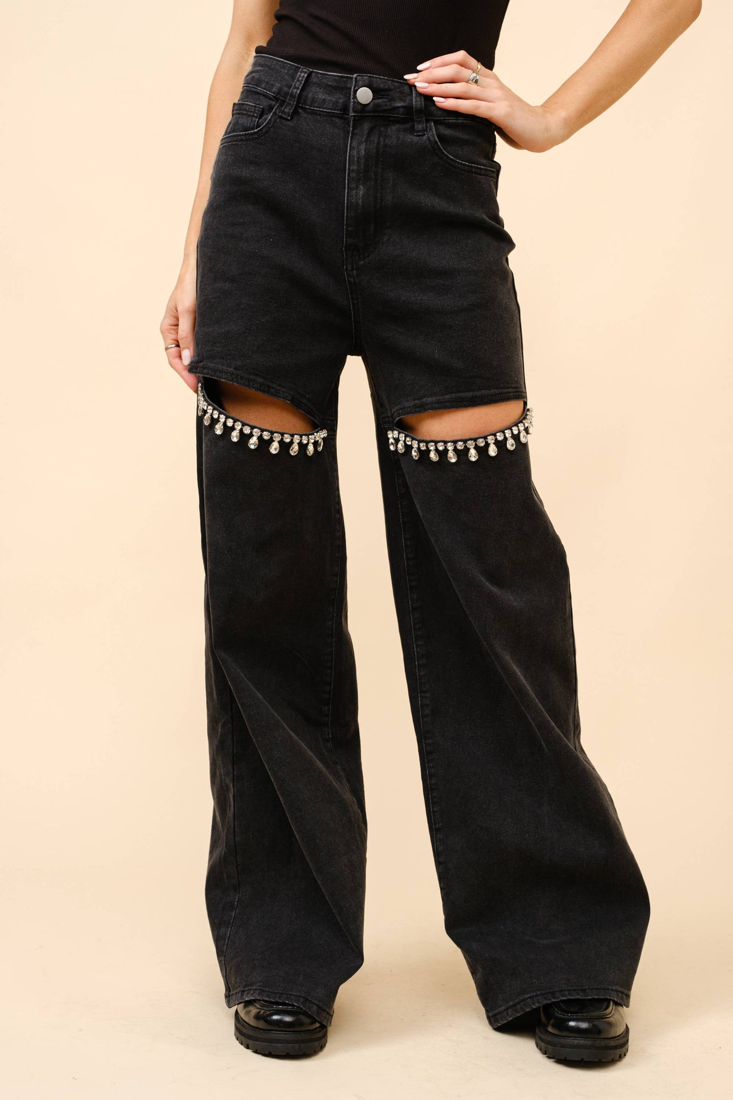 Mid Rise Crystal Slit Bottom Denim Jeans - Born To Glam Born To Glam