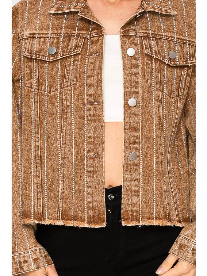 Chocolate Brown Crystal Stripe Denim Jacket - Born To Glam Born To Glam
