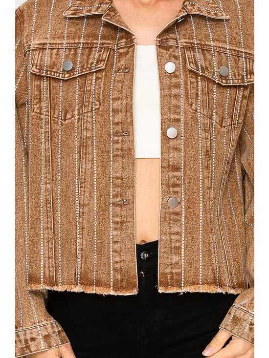 Chocolate Brown Crystal Stripe Denim Jacket - Born To Glam Born To Glam