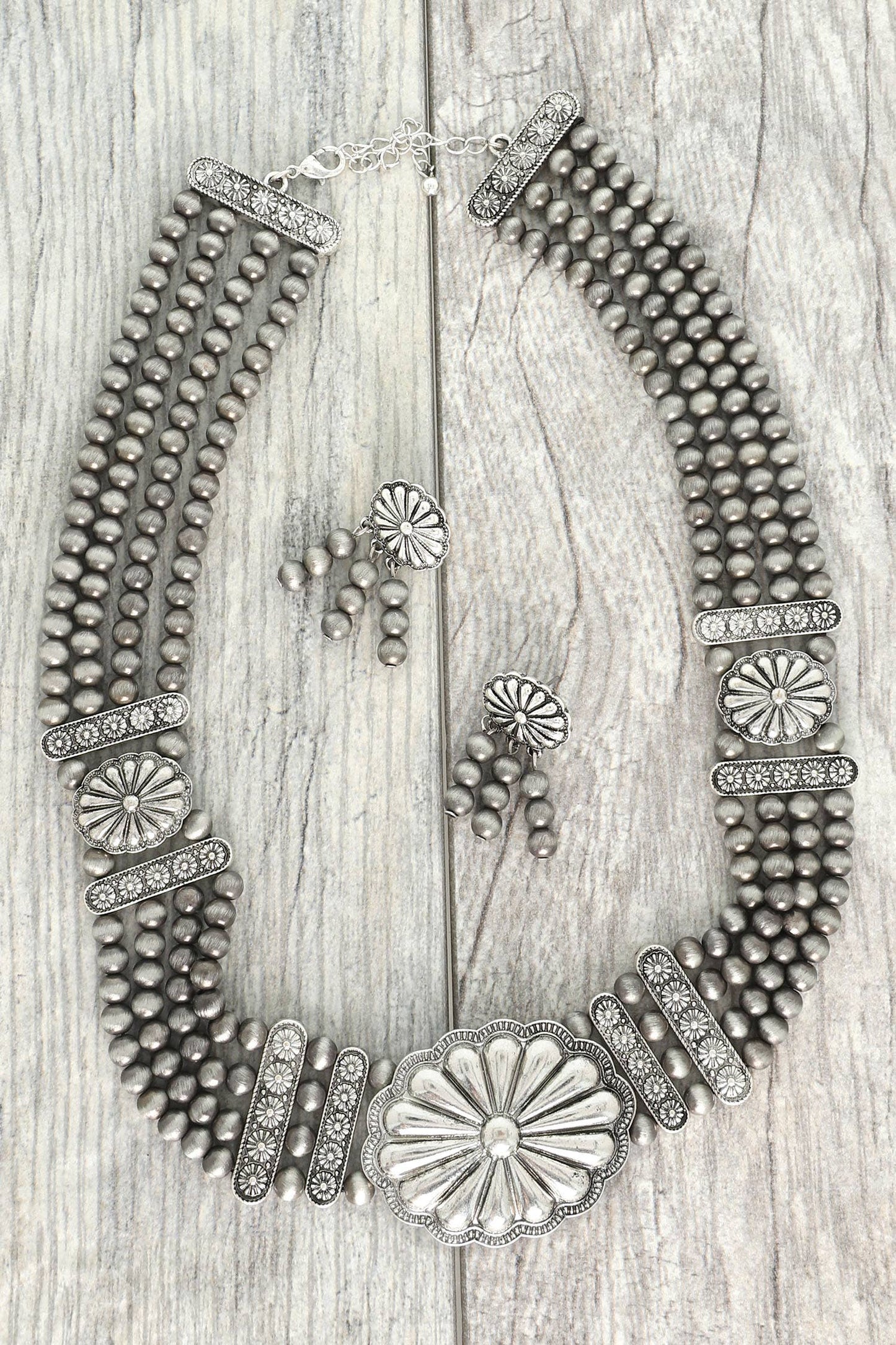 Western Floral Silver Bead Necklace Set - Born To Glam Born To Glam