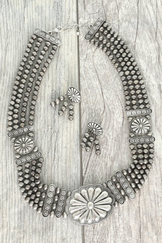 Western Floral Silver Bead Necklace Set - Born To Glam Born To Glam