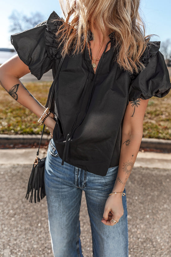 Black Ruffled Puff Short Sleeve Loose Blouse - Born To Glam Born To Glam