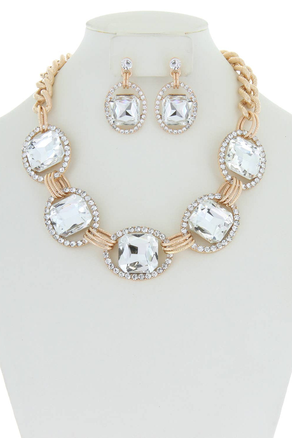 Chunky Oval Rhinestone Gem Link Necklace Set - Born To Glam Born To Glam
