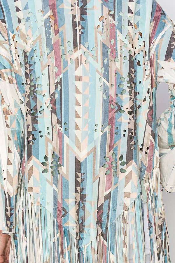 Turquoise Geo Faux Suede Fringe Cardigan - Born To Glam Born To Glam