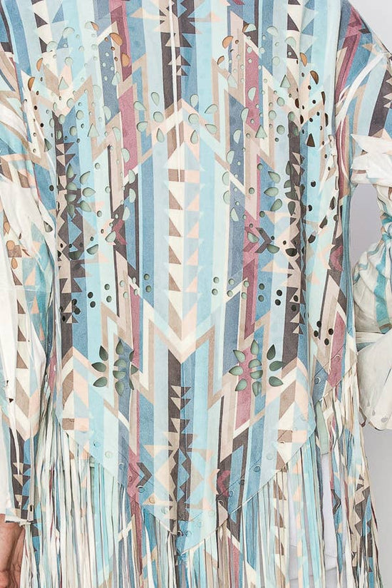 Turquoise Geo Faux Suede Fringe Cardigan - Born To Glam Born To Glam