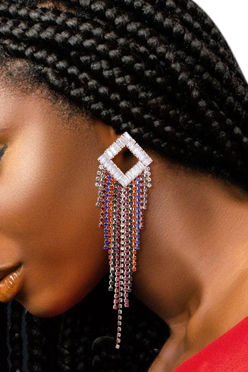 Multi Color Diamond Fringe Rhinestone Earrings - Born To Glam Born To Glam
