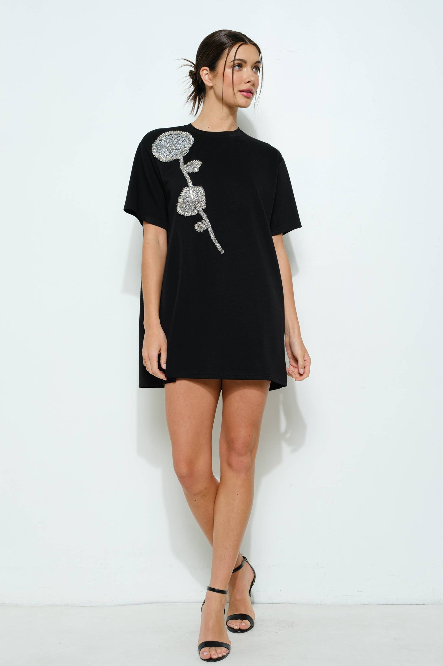 Rhinestone Beaded Flower Embellished T-Shirt Dress - Born To Glam Born To Glam