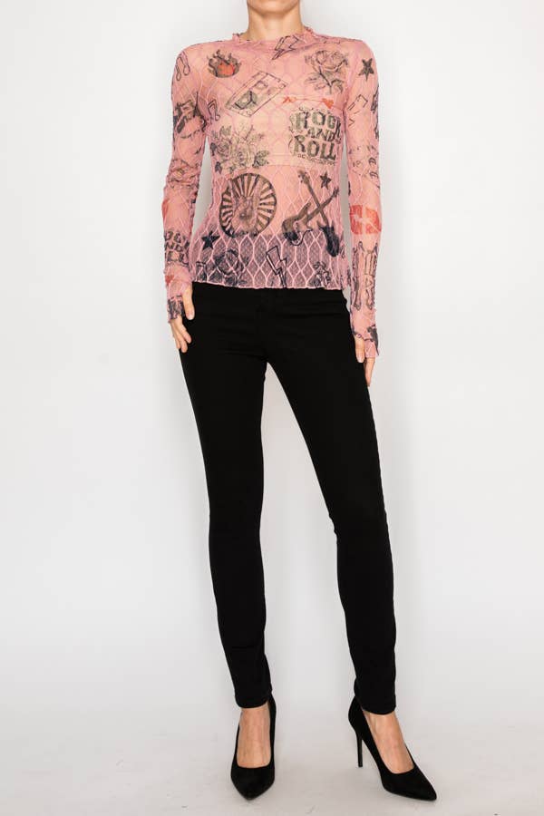 Sheer Flower Lace Mesh Long Sleeve Top  OLS-4865DUST ROS-RNR - Born To Glam Born To Glam