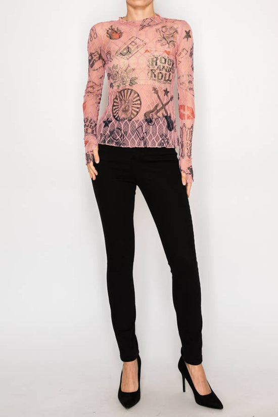 Sheer Flower Lace Mesh Long Sleeve Top  OLS-4865DUST ROS-RNR - Born To Glam Born To Glam