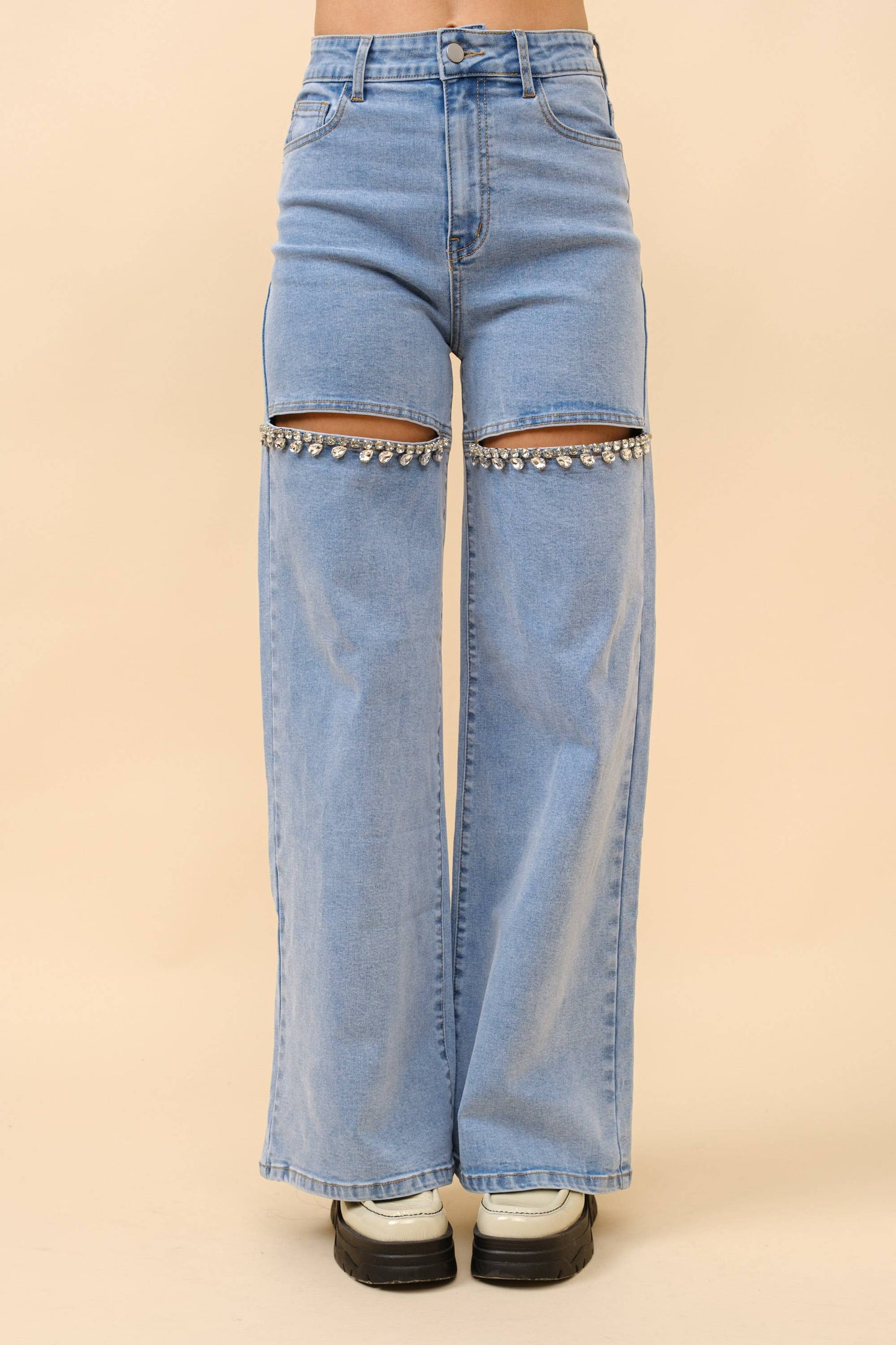 Mid Rise Crystal Slit Bottom Denim Jeans - Born To Glam Born To Glam