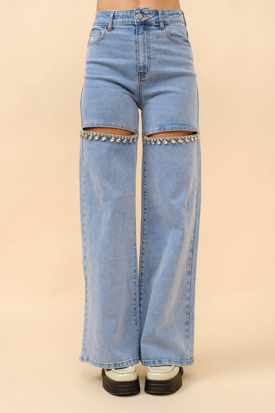 Mid Rise Crystal Slit Bottom Denim Jeans - Born To Glam Born To Glam
