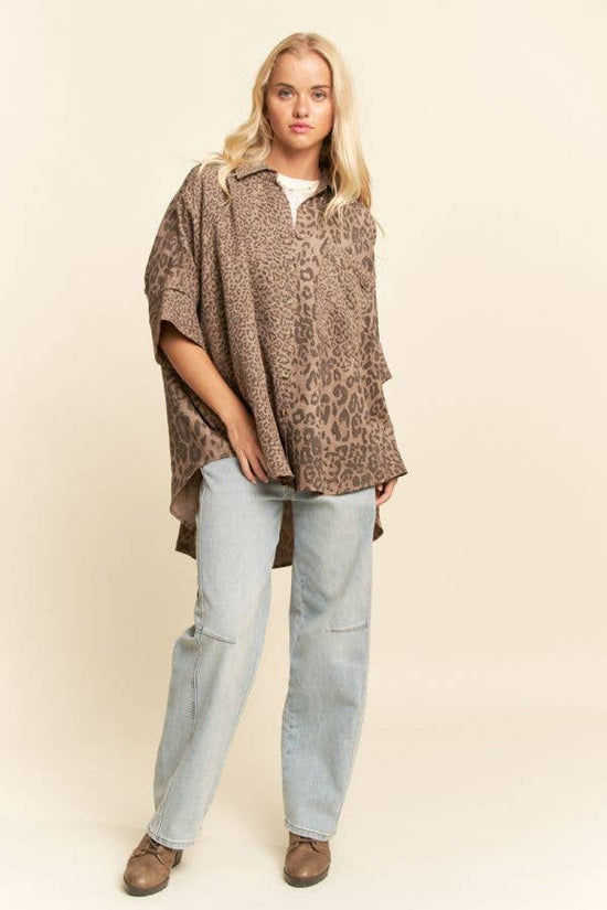 TAUPE LEOPARD ANIMAL PRINTED RIBBON RUFFLE SLEEVE SHIRT TOP - Born To Glam Born To Glam