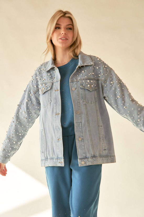 PLUS PEARL RHINESTONE DETAIL DENIM JACKET - Born To Glam Born To Glam