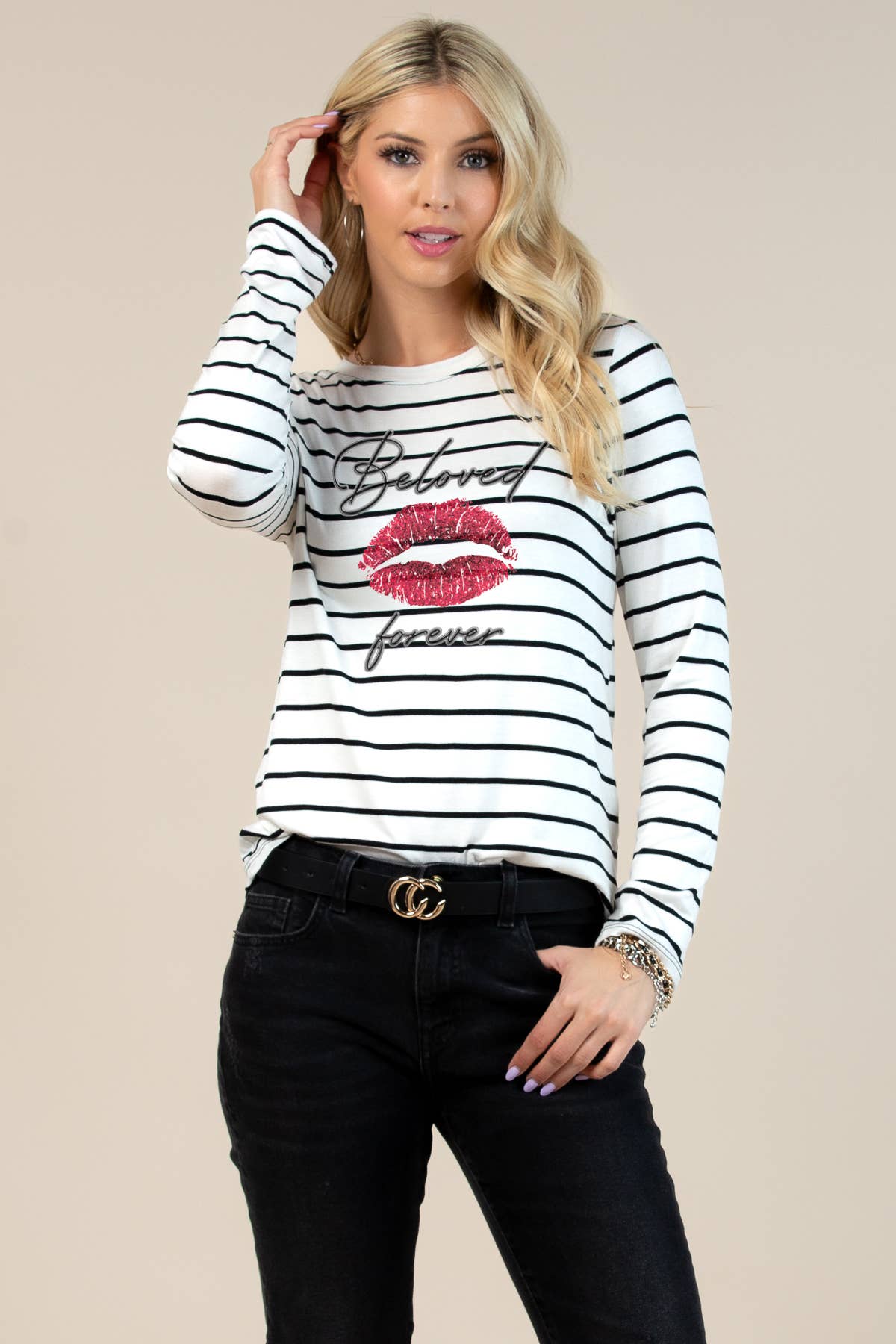 Bronx Beloved Kiss Striped Basic Long Sleeves Top - Born To Glam Born To Glam