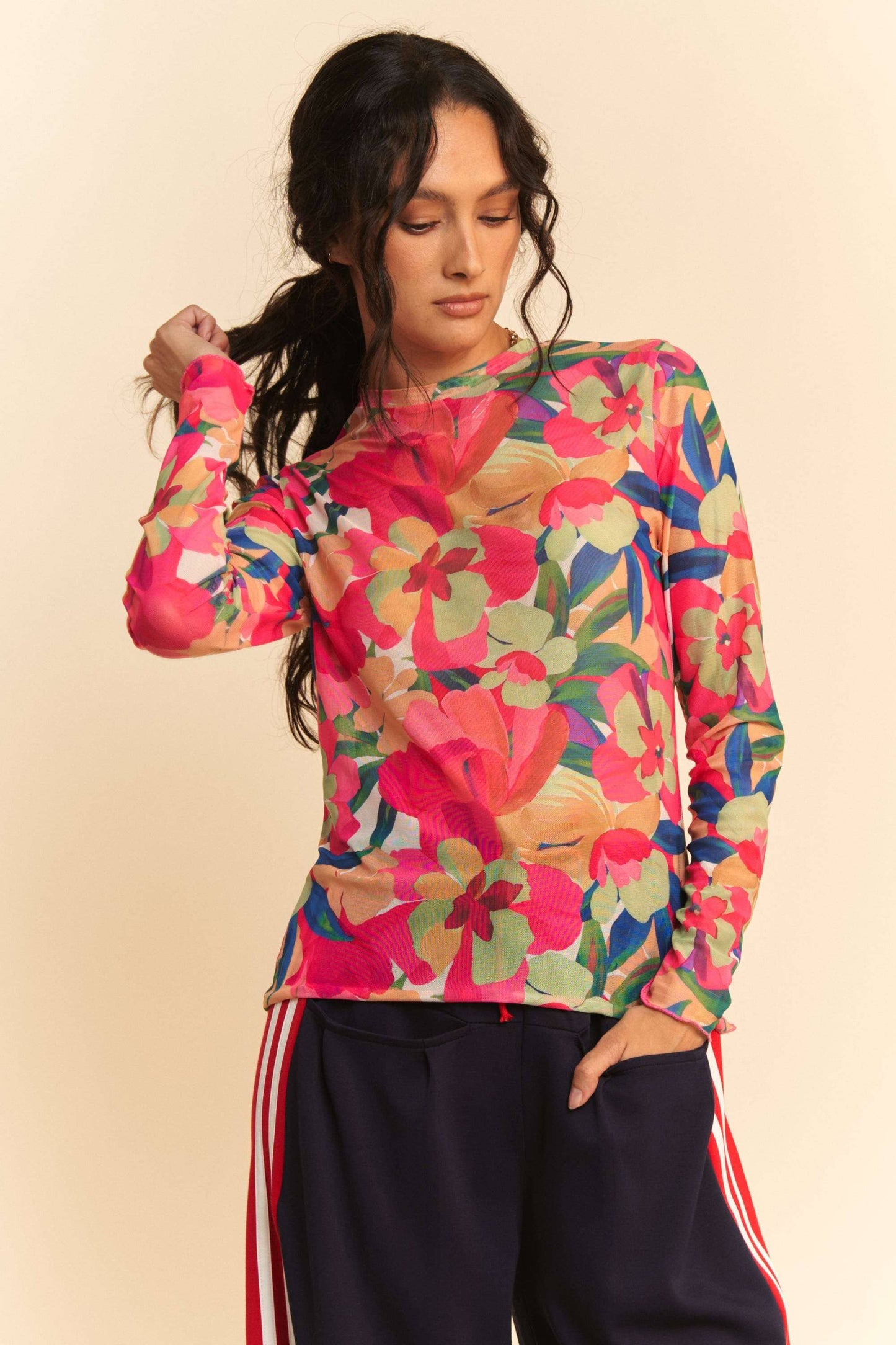 FLOWER PRINTED MESH ROUND NECK LONG SLEEVE TOP - Born To Glam Born To Glam