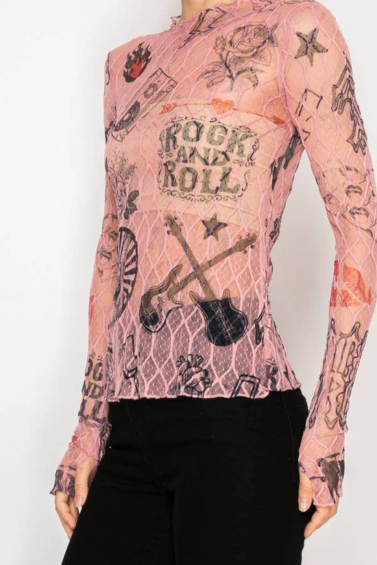 Sheer Flower Lace Mesh Long Sleeve Top  OLS-4865DUST ROS-RNR - Born To Glam Born To Glam