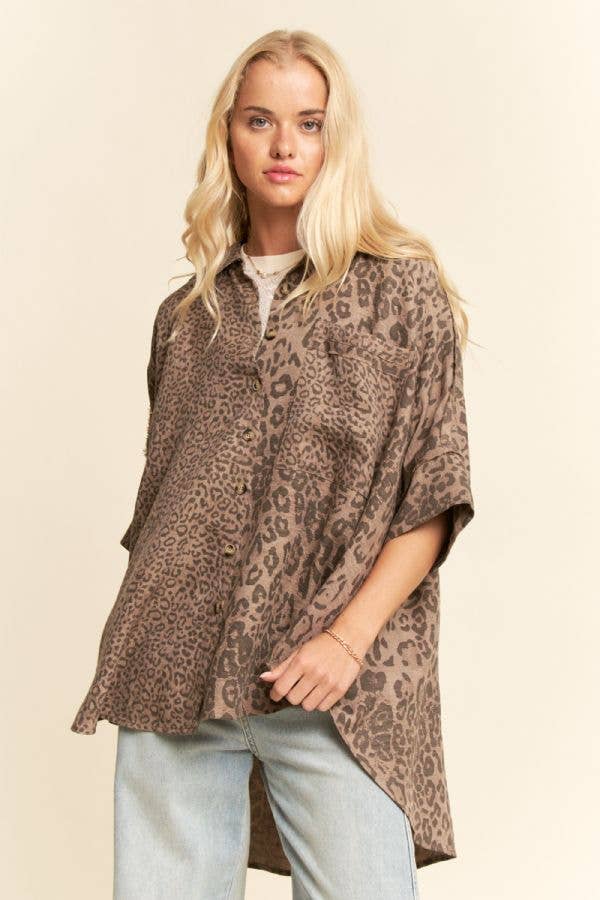 TAUPE LEOPARD ANIMAL PRINTED RIBBON RUFFLE SLEEVE SHIRT TOP - Born To Glam Born To Glam