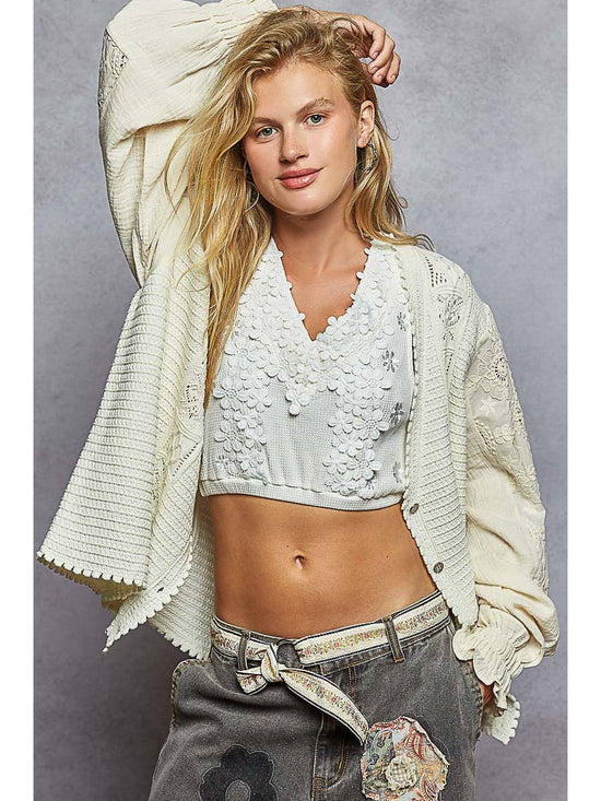 Powder Cream V Neck Solid Pattern Fabric Mixes Sweater Cardigan by Born To Glam Born To Glam