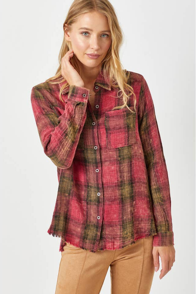 Fringe Bottom Washed Plaid Shirt by Born To Glam Born To Glam