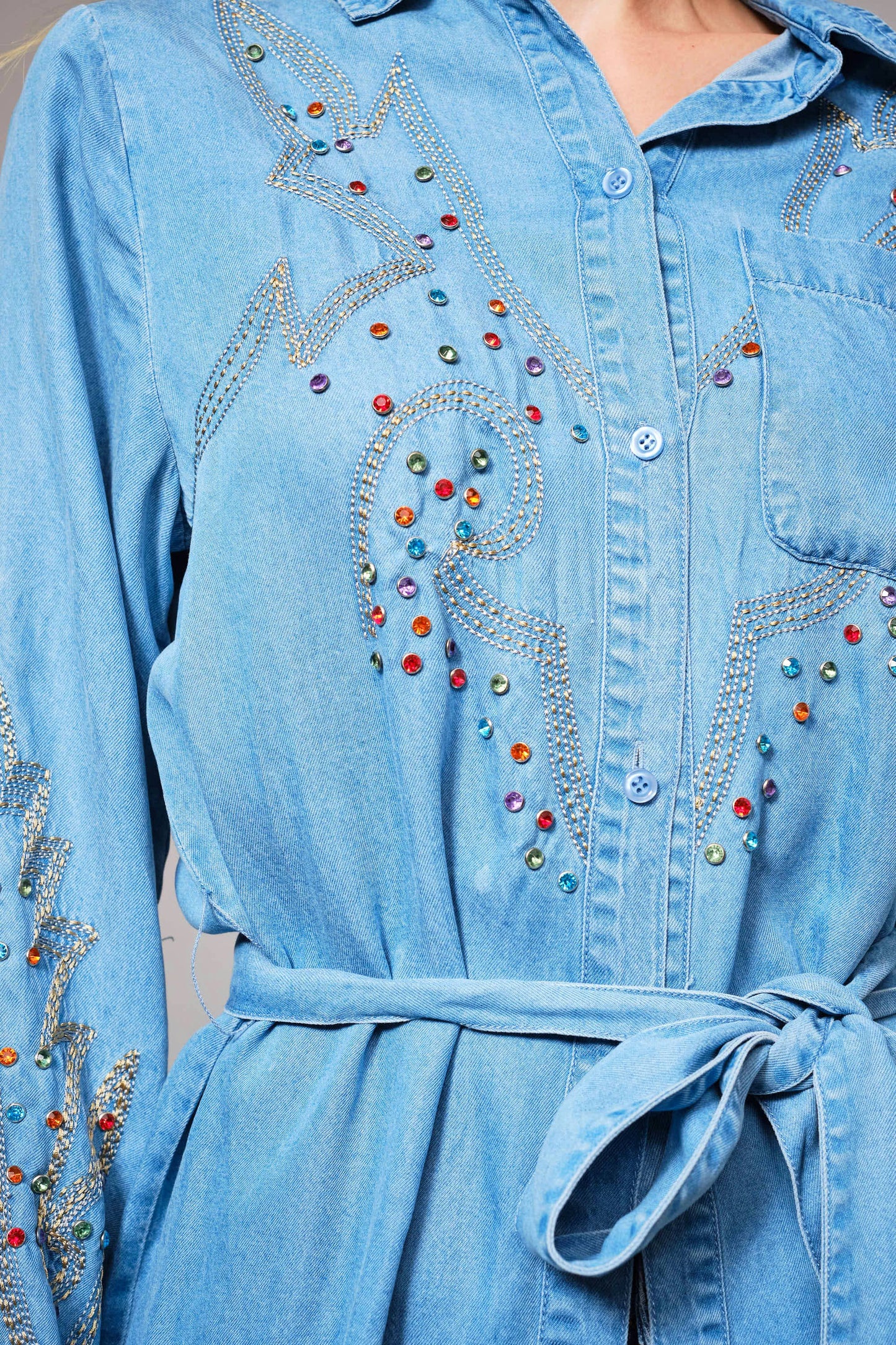 Tencel Chambray Embroidered Studded Tunic - Born To Glam Born To Glam
