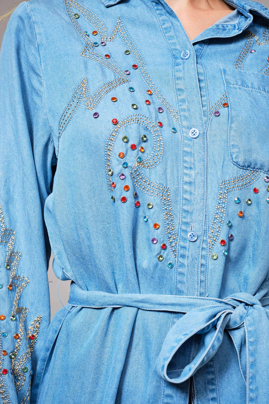 Tencel Chambray Embroidered Studded Tunic - Born To Glam Born To Glam