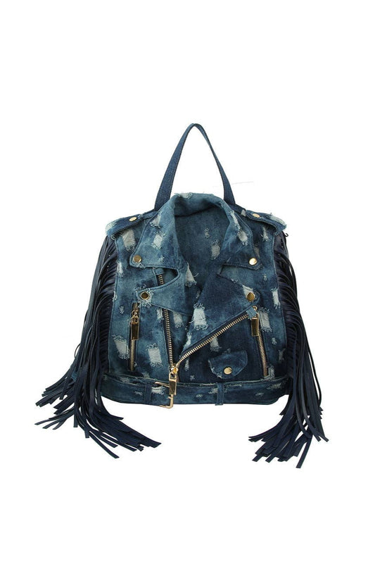 Denim fringe Motorcycle Jacket Backpack - Born To Glam Born To Glam