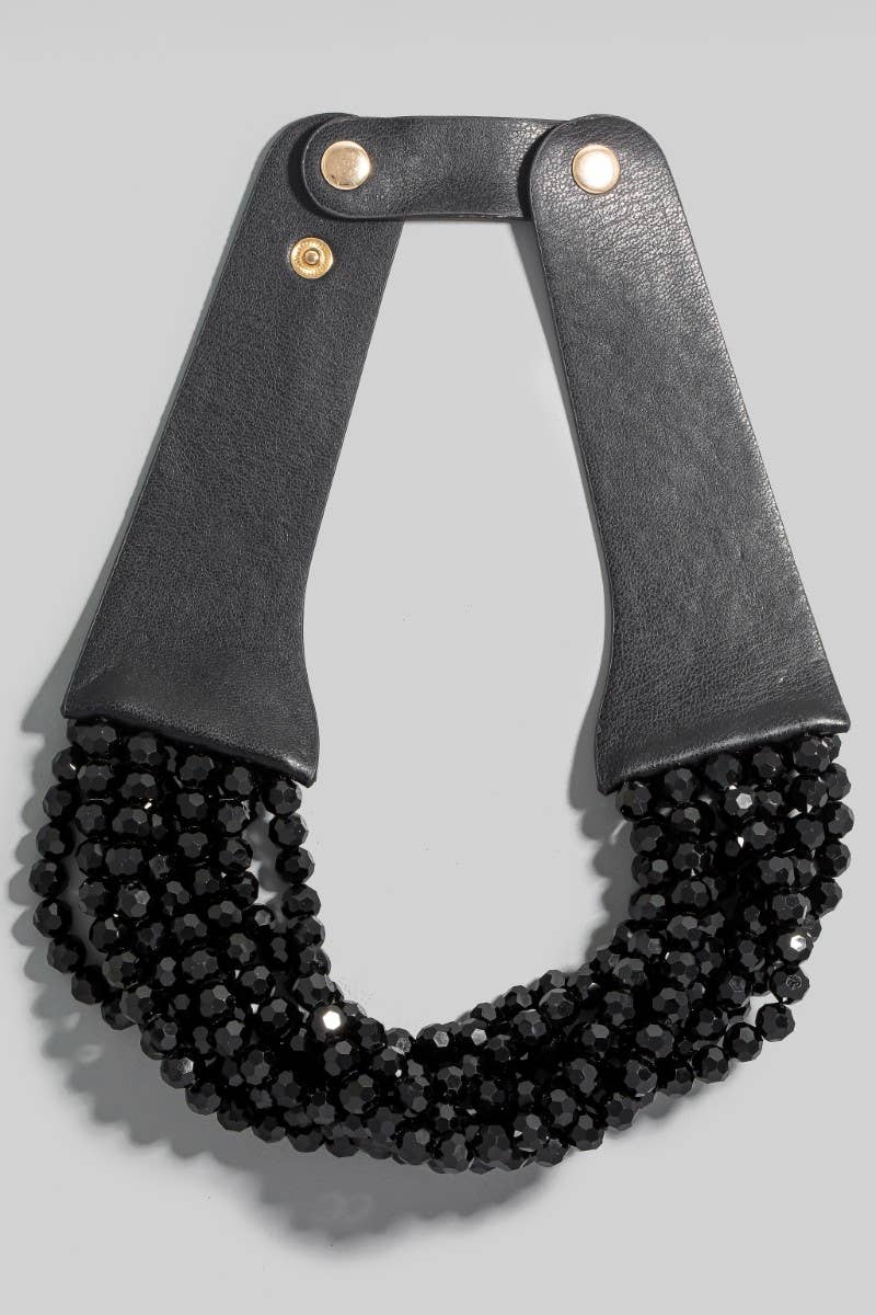 Faux Leather And Faceted Beads Statement Necklace - Born To Glam Born To Glam