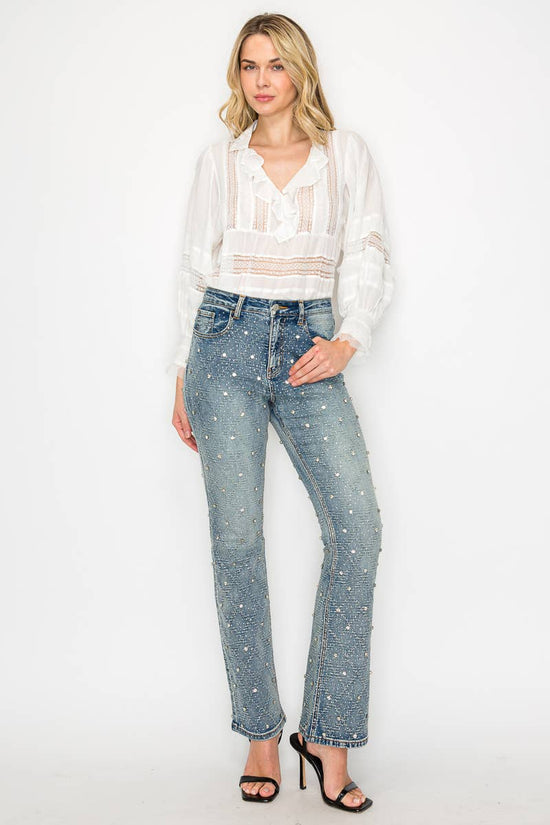 Jewel Embellished All over Rhinestone Modern Bootcut Jeans - Born To Glam Born To Glam