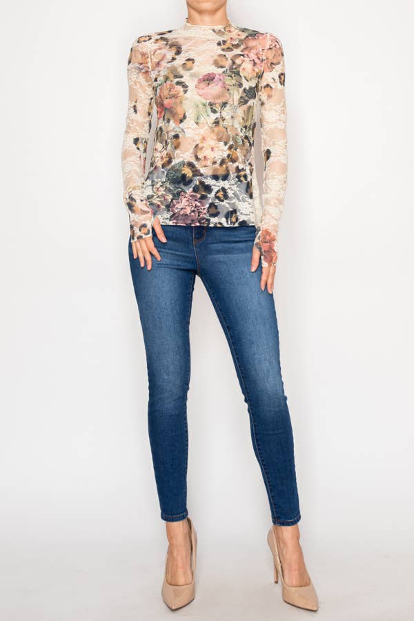 Sheer Flower Lace Mesh Long Sleeve Top – OLS-4865BG-LEO FL - Born To Glam Born To Glam
