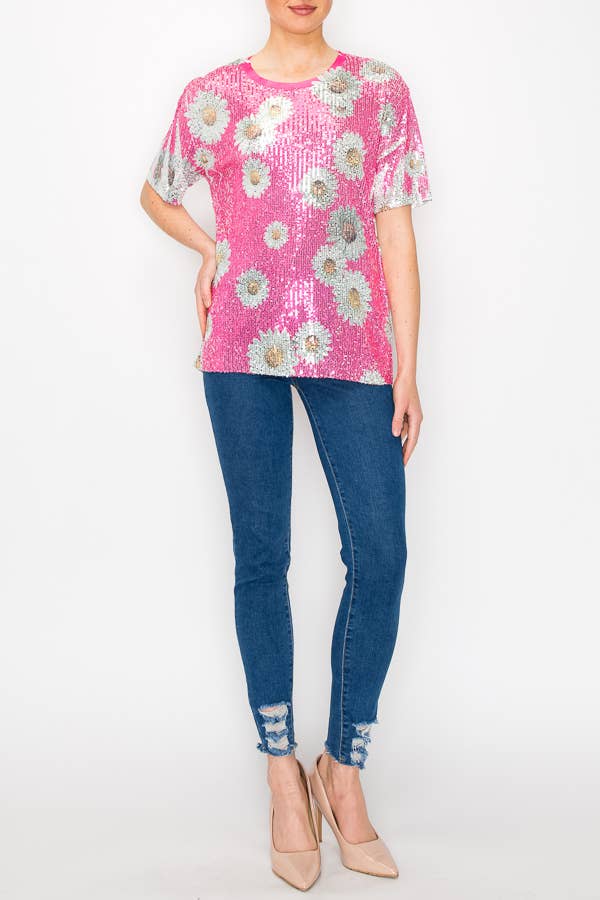 Pink Daisy Sequin Tee - Born To Glam Born To Glam