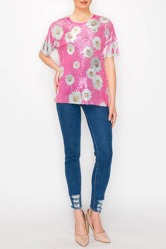 Pink Daisy Sequin Tee - Born To Glam Born To Glam