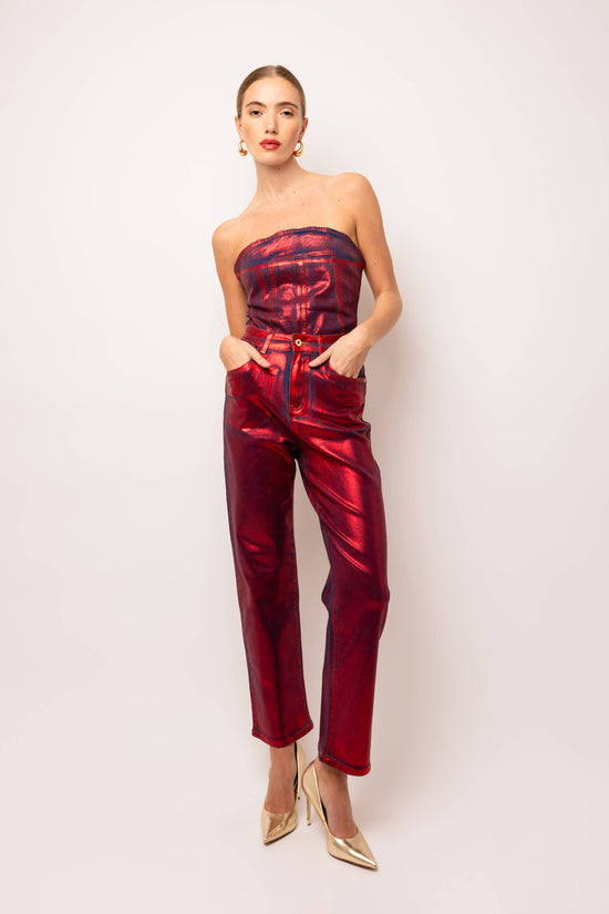 Lupe Red Denim Foil Coated Pants - Born To Glam Born To Glam