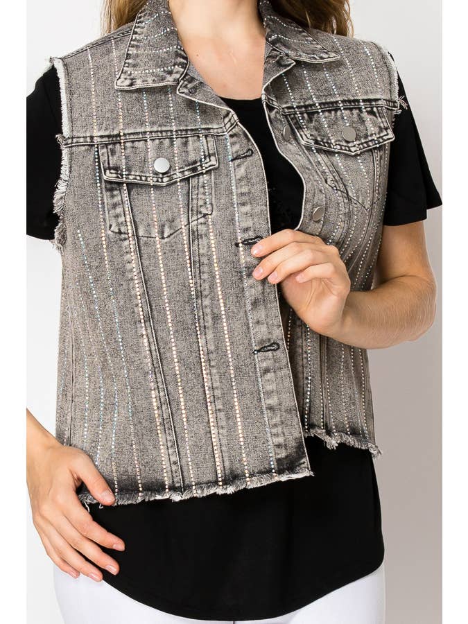 Grey Crystal Stripe Denim Vest - Born To Glam Born To Glam