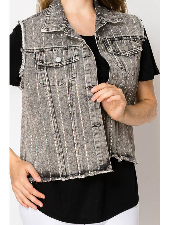 Grey Crystal Stripe Denim Vest - Born To Glam Born To Glam