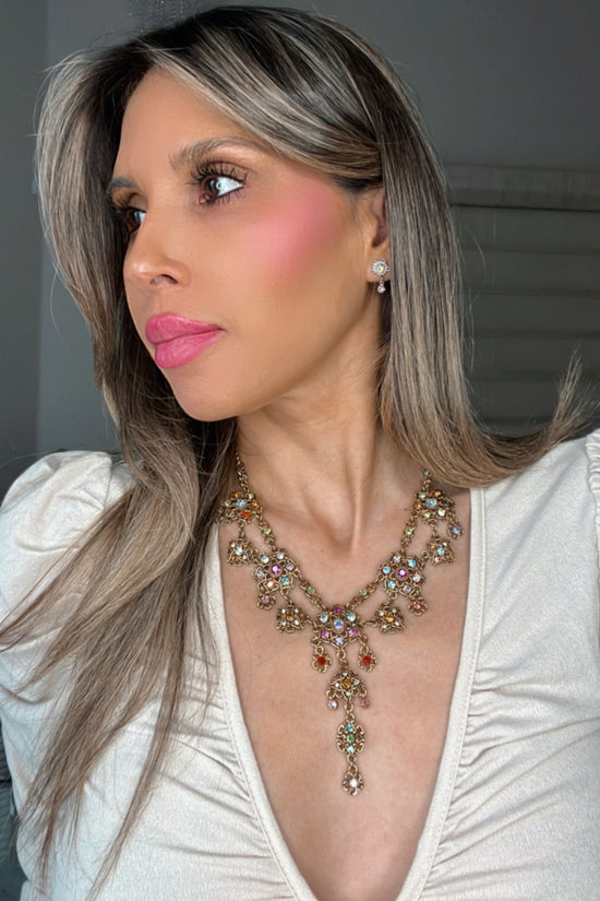 Gold Floral Multicolor Crystal Necklace - Born To Glam Born To Glam