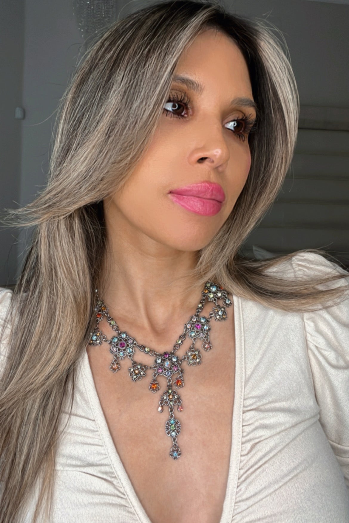 Silver Floral Multicolor Crystal Necklace - Born To Glam Born To Glam