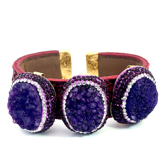 Triple Gemstone & Crystal Leather Cuff Bracelet - Born To Glam Born To Glam