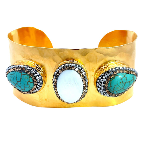 Load image into Gallery viewer, Triple Gemstone Gold Adjustable Cuff Bracelet - Born To Glam
 Born To Glam