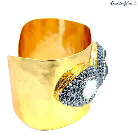 Load image into Gallery viewer, Triple Gemstone Gold Adjustable Cuff Bracelet - Born To Glam
 Born To Glam