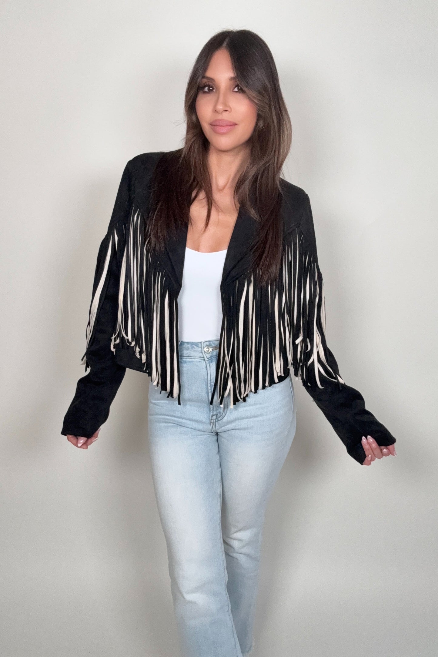 Black Multi Color Fringe Open Front Jacket - Born To Glam Born To Glam