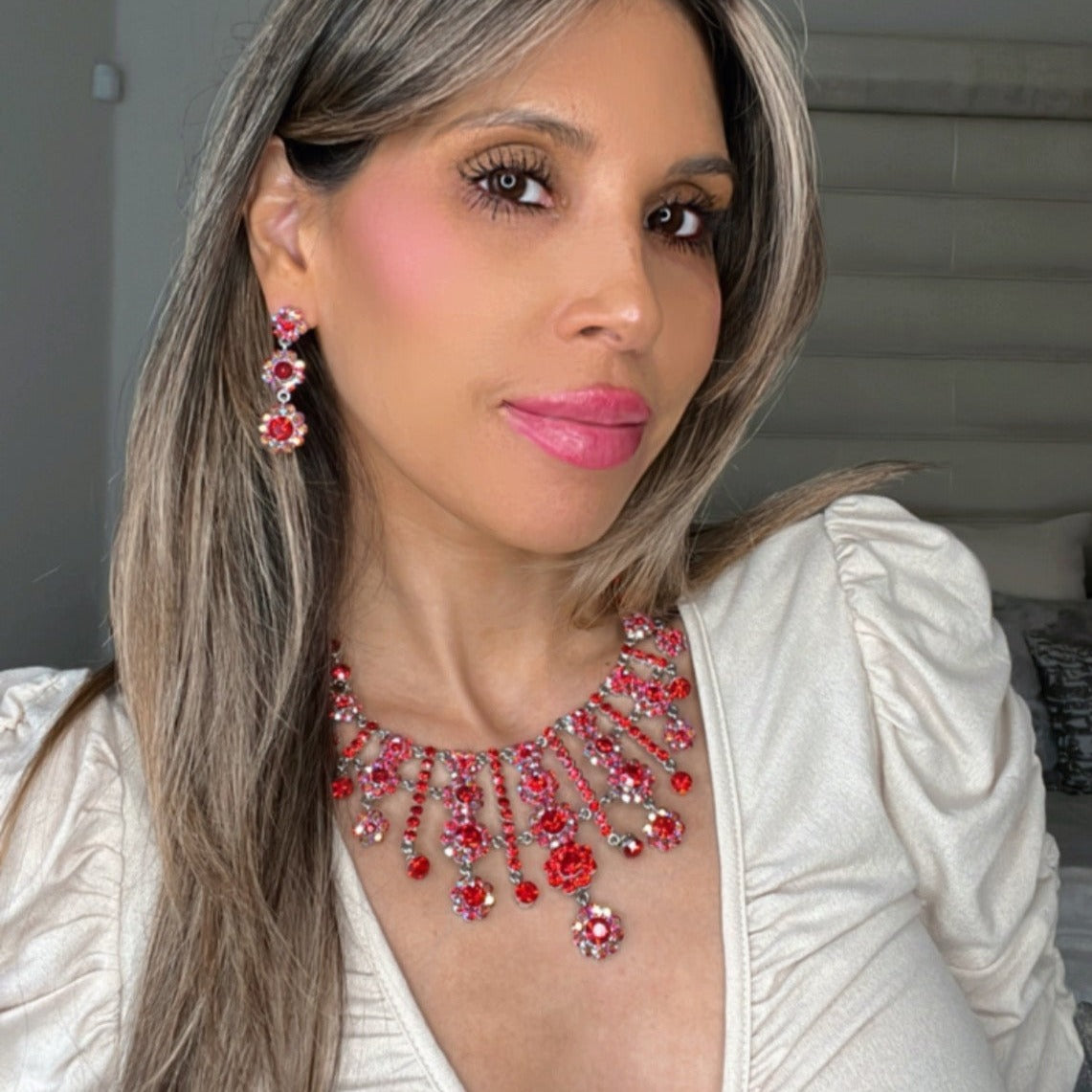 Red Iridescent Crystal Statement Necklace & Earring Set - Born To Glam Born To Glam