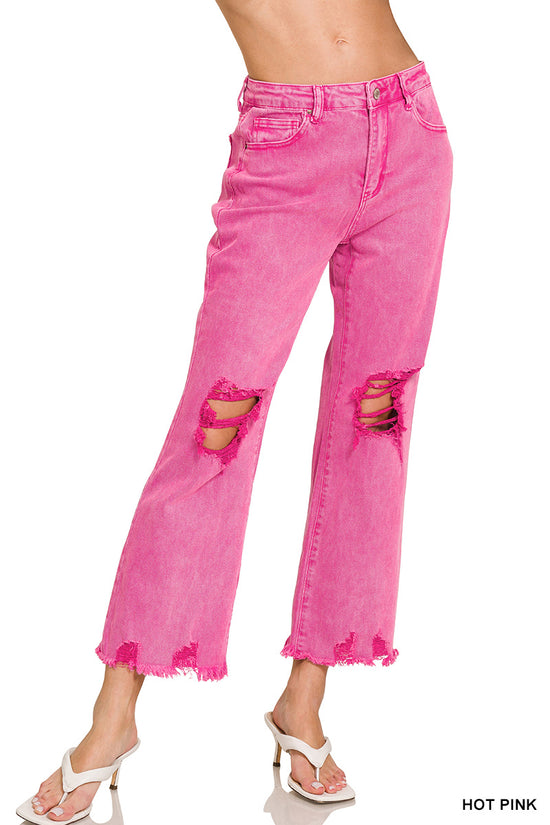 Zenana Acid Washed High Waist Distressed Straight Jeans Born To Glam