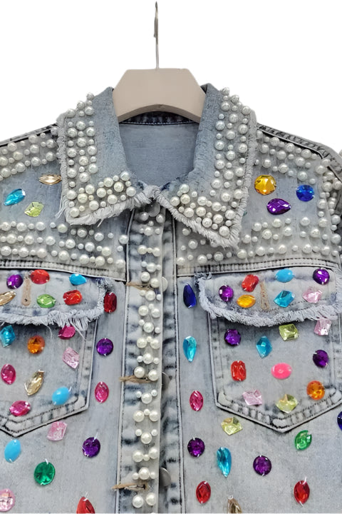 Glam Gemstone Pearl Denim Jacket - Born To Glam Born To Glam