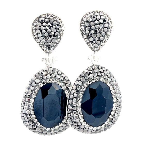 Onxy Silver & Hematite Crystal Oval Gemstone Crystal Drop Earrings - Born To Glam Born To Glam