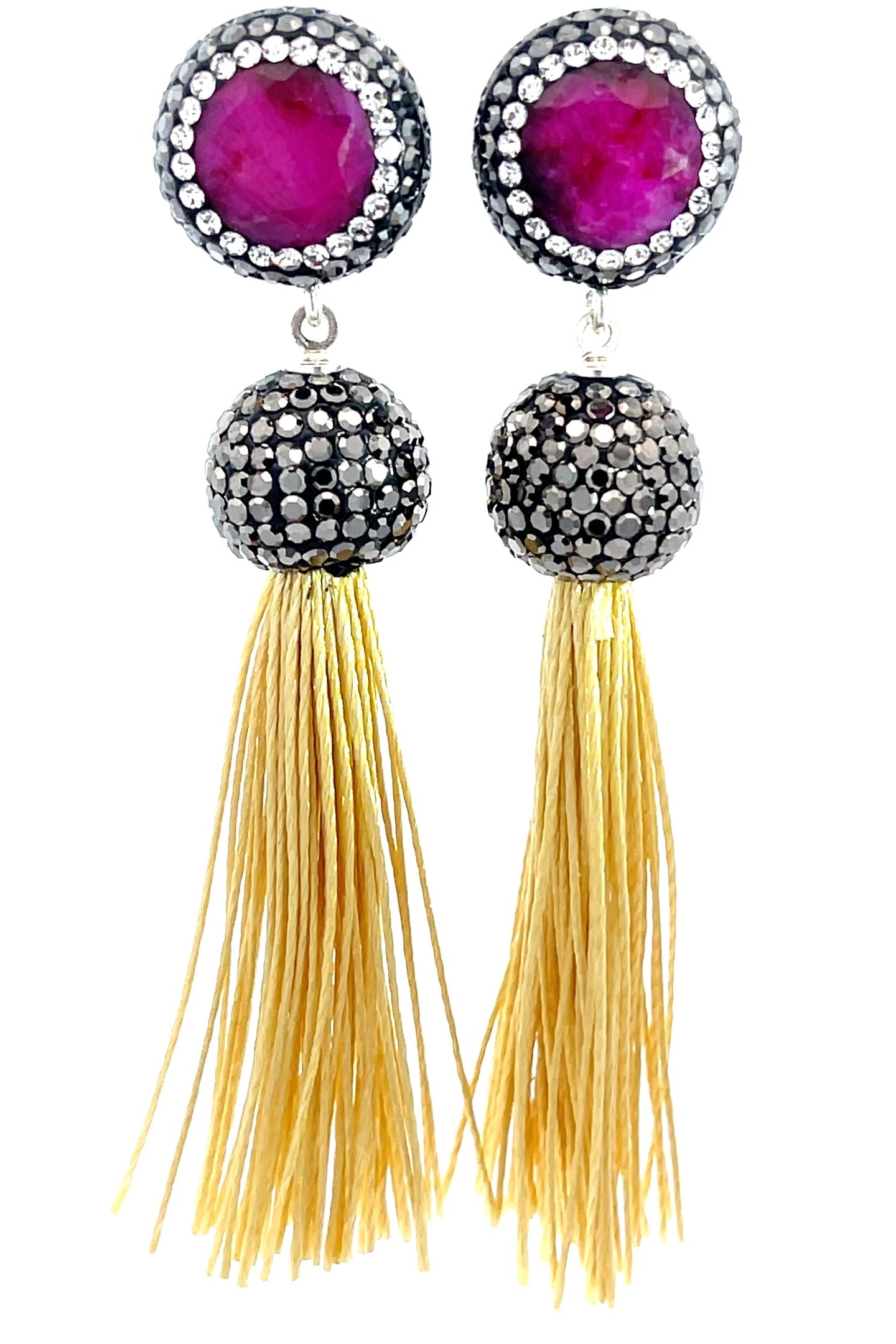 Round Gemstone Short 925 Sterling Silver Tassel Earring - Born To Glam Born To Glam