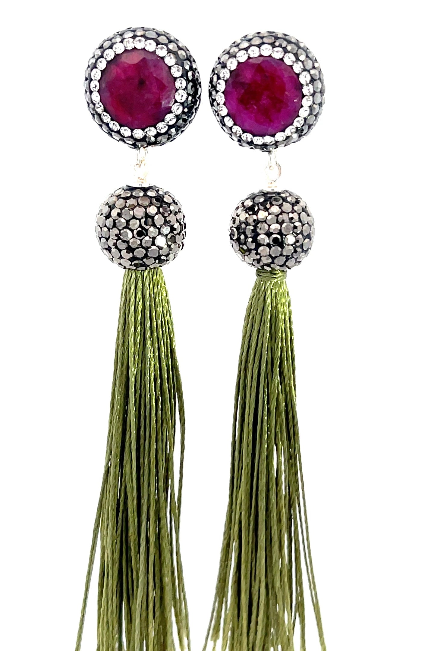 Round Gemstone Long 925 Sterling Silver Tassel Earring - Born To Glam Born To Glam
