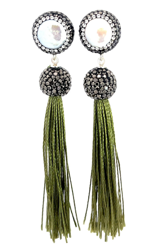 Load image into Gallery viewer, Round Gemstone Long 925 Sterling Silver Tassel Earring - Born To Glam
 Born To Glam